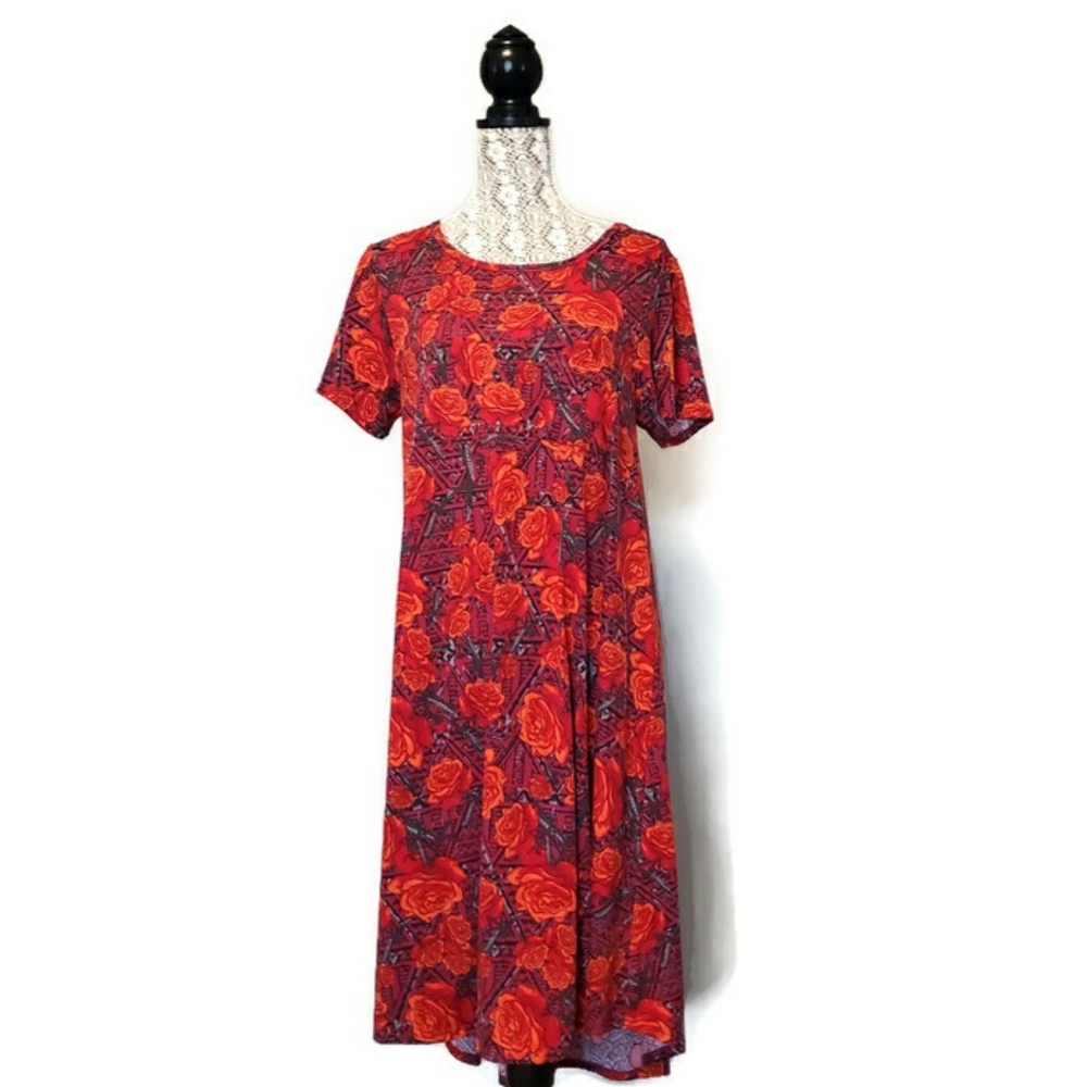 🚫SOLD🚫Lularoe Red Flowered 'Carly' Swing Dress - Picture 1 of 7